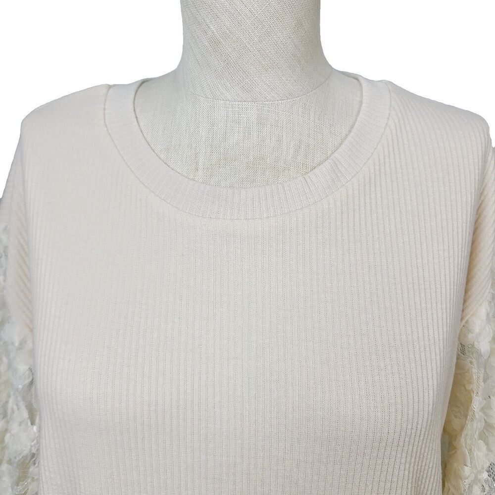 NEW Grace & Emma Top M Cream Ribbed Knit Lace Sleeve Pullover Relaxed Fit Blouse - Picture 2 of 12